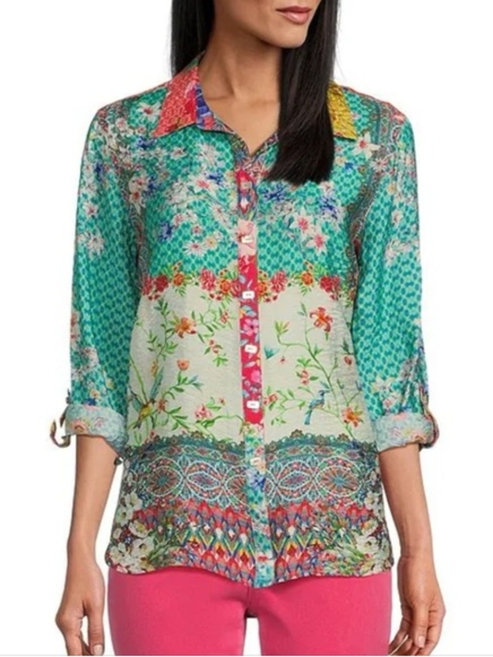 John Mark Woven Floral Printed Point Collar Roll Tab Long Sleeve Button Front T